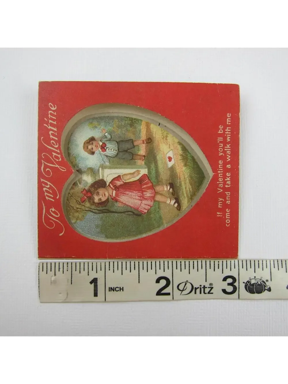 Vintage Valentine Boy Girl Pink Dress Walking By Red Heart Die Cut Window Bifold